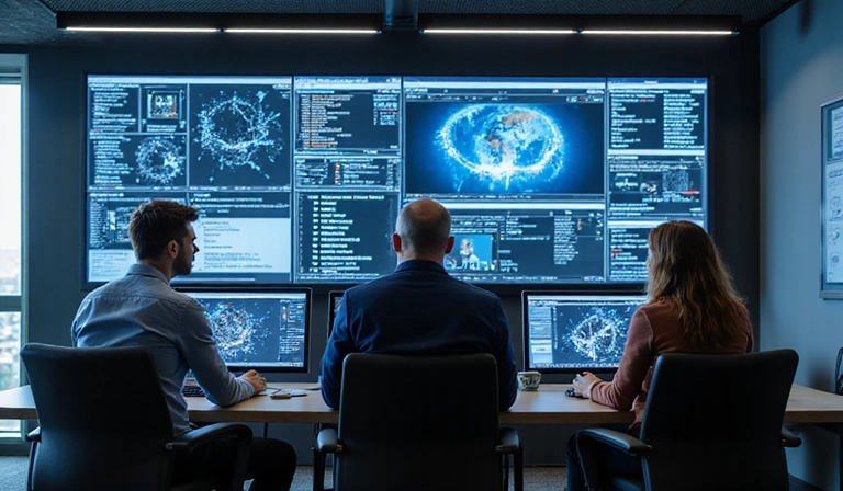Legal professionals analyzing data on computer screens